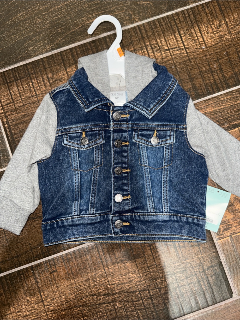 okie dokie Blue Denim Jacket with Gray Hoodie Sleeves - Kids